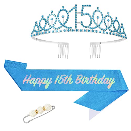 15. Fabulous Geburtstags-Krone Schärpe Set Blau Kristall Tiara Krone Geburtstags Krone für 15. Geburtstag Deko,Prinzessin Kronen Haar-Zusätze für Mädchen Geburtstagsgeschenk Partyzubehör… von POPOYU