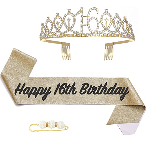 16. Fabulous Geburtstags-Krone Schärpe Set Gold Kristall Tiara Krone Geburtstags Krone für 16. Geburtstag Deko,Prinzessin Kronen Haar-Zusätze für Mädchen Geburtstagsgeschenk Partyzubehör… von POPOYU