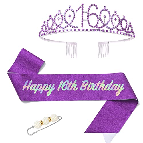 16. Fabulous Geburtstags-Krone Schärpe Set Lila Kristall Tiara Krone Geburtstags Krone für 16. Geburtstag Deko,Prinzessin Kronen Haar-Zusätze für Mädchen Geburtstagsgeschenk Partyzubehör… von POPOYU