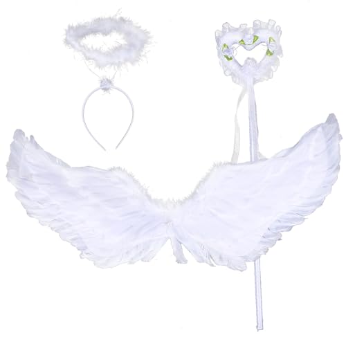 POPOYU 3 Stück Engel Kostüm Damen mit Engelsflügel Zauberstab und Heiligenschein, Weihnachtsengel Partnerkostüm, Engelskostüm Kinder, 80*35cm Flügel Kostümset für Weihnachtskostüme Kostüme Erwachsener von POPOYU