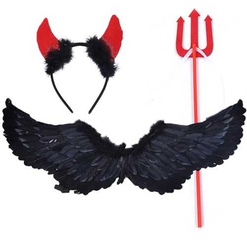 POPOYU 3 Stück Engel Kostüm mit Schwarzer Dämon Engelsflügel Zauberstab und Heiligenschein, Weihnachtsengel Partnerkostüm, Engelskostüm Kinder, 80*35cm Flügel Kostümset für Weihnachtskostüme Kostüme von POPOYU