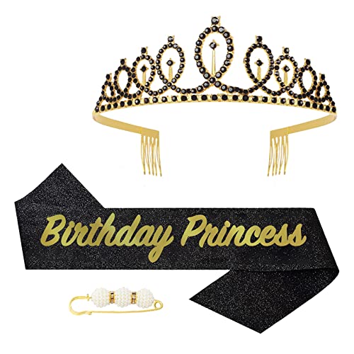 POPOYU Fabulous Geburtstags-Krone Schärpe Set Schwarzes Gold Kristall Tiara Krone Geburtstags Krone für Geburtstag Deko,Prinzessin Kronen Haar-Zusätze für Mädchen Geburtstagsgeschenk Partyzubehör von POPOYU