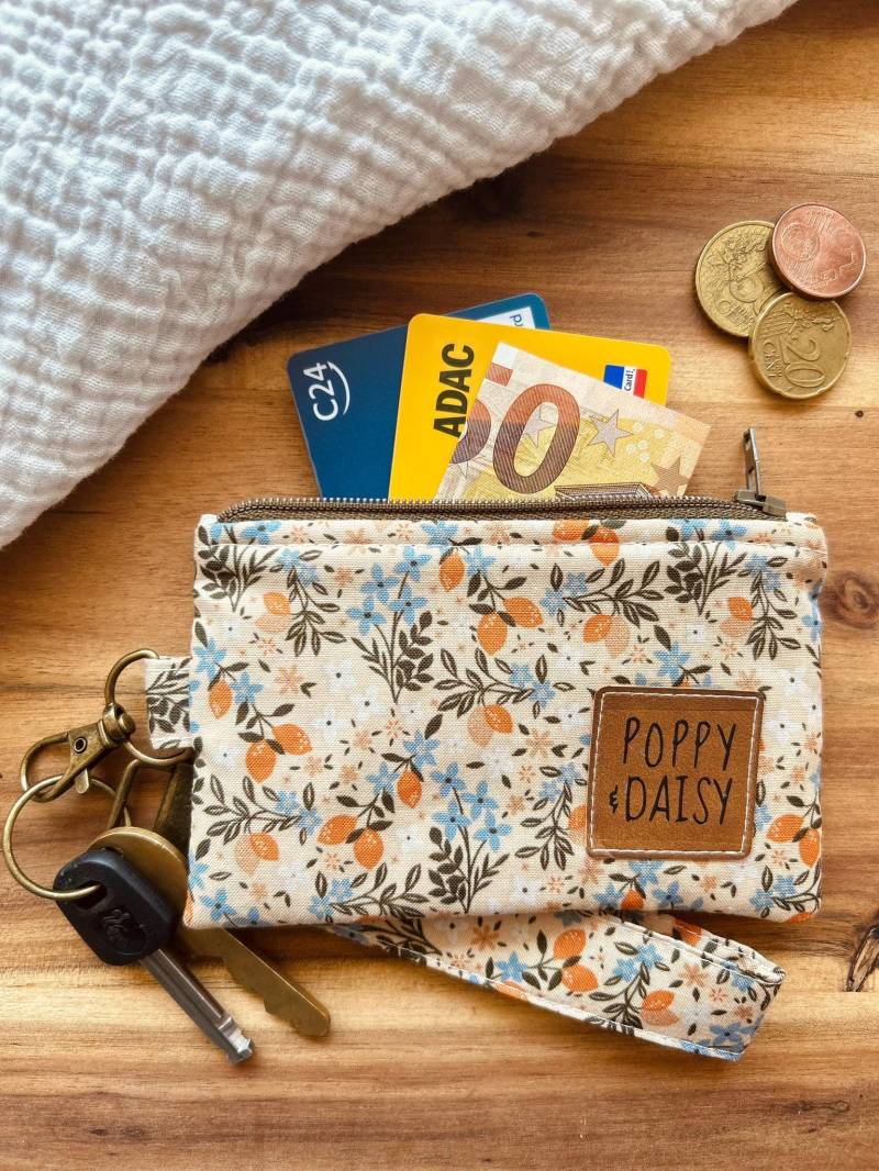 Handgemachtes Set Aus Mini-Geldbörse & Schlüsselband - Florales Design in Beige, Orange Und Blau Kartenetui Wristlet Stoff von POPPYundDAISY