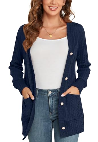 POPYOUNG Cardigans for Women Long Sleeve Open Front Ladies Chunky Knit Cardigan with Buttons Loose Outerwear Sweater Coat Groß, Navy Blue von POPYOUNG