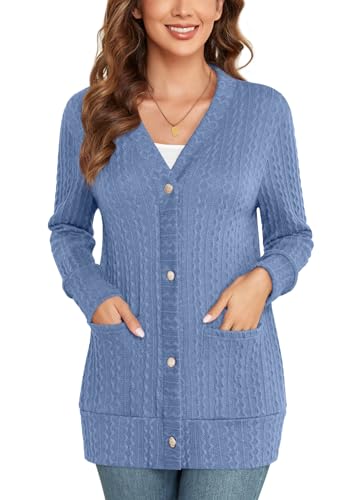 POPYOUNG Cardigans für Frauen Langarm Offene Front Damen Chunky Strick Cardigan mit Knöpfen Lose Oberbekleidung Pullover Mantel Mittel, Himmelblau von POPYOUNG