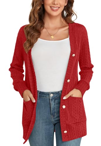 POPYOUNG Cardigans für Frauen Langarm Offene Front Damen Chunky Strick Cardigan mit Knöpfen Lose Oberbekleidung Pullover Mantel Mittel, Rot von POPYOUNG