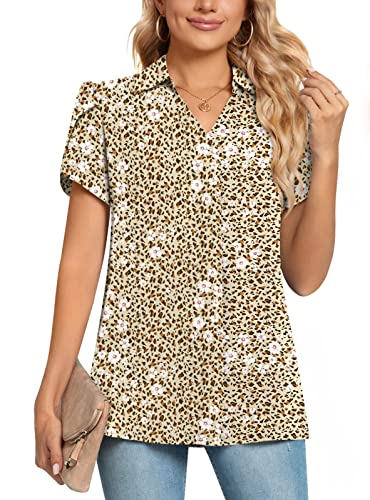 POPYOUNG Damen 2023 Sommer Kragen V Ausschnitt Chiffon Bluse Business Tunika Blütenblatt Kurzarm Shirt Elegant Arbeit Tops, 7-leopard beige, L von POPYOUNG