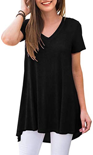 POPYOUNG Damen Frühling-Sommer Henley Shirts Knopfleiste Tunika Tops 2023 Casual Kurzarm/Ärmellos Bluse T-Shirts, 2-schwarz, Large von POPYOUNG