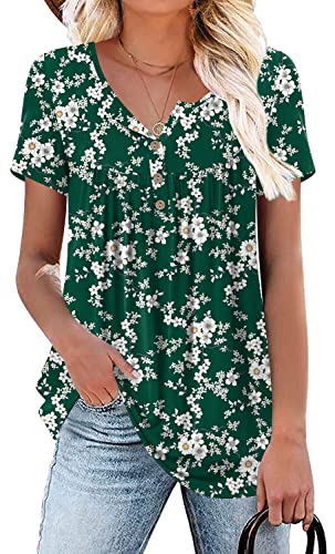 POPYOUNG Damen Frühling Sommer Henley Shirts Knopfleiste Tunika Tops 2023 Casual Kurzarm/Ärmellose Bluse T-Shirts, 17-grünes Blumendesign, X-Large von POPYOUNG