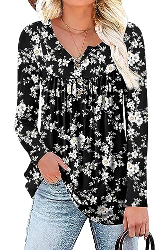 POPYOUNG Damen Henley Shirts Knopfleiste Tunika Tops Casual Kurzarm Ärmellos Bluse T-Shirts, 27-schwarz-weiße Blume, 50 von POPYOUNG