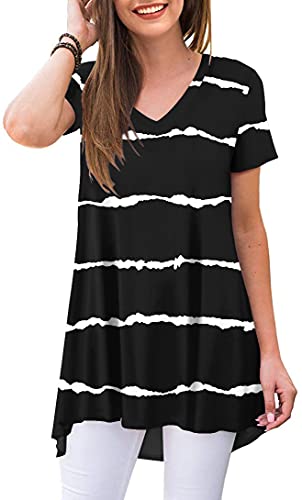 POPYOUNG Damen Sommer Casual Kurzarm/Ärmellos Tunika Tops mit Leggings V-Ausschnitt/Rundhals T-Shirt Bluse, 2-Streifen, Schwarz, 46 von POPYOUNG