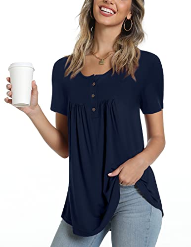 POPYOUNG Damen Sommer Henley Shirts Button Up Tunika Tops Casual Kurzarm/Ärmellos Bluse T-Shirts, 2-marineblau, XXX-Large von POPYOUNG