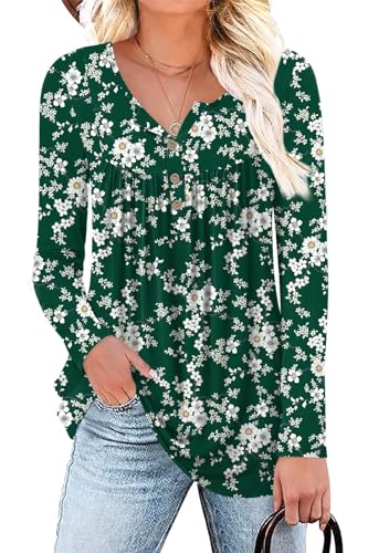 POPYOUNG Henley-Shirts für Damen, Knopfleiste, Tunika, Tops, lässig, kurzärmelig, ärmellos, 27-grün-weiße Blume, 46 von POPYOUNG