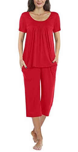 POPYOUNG Zweiteiliges Damen-Pyjama-Set, plissiert, lang/kurze Ärmel, Tunika-Oberteil mit bequemer Hose, Lounge-Nachtwäsche, Damen-Pyjama-Sets mit Taschen, P2-Rot, 50 von POPYOUNG