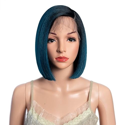 POQWECZ Bob-Perücke mit Spitzenfront. Wunderschöne synthetische Perücke, natürliche, glatte Kurzperücke for Frauen mit hitzebeständigen Fasern (10 Zoll).(Blue gradient) von POQWECZ