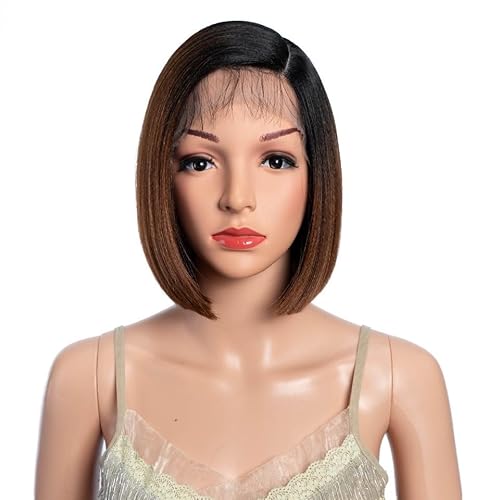 POQWECZ Bob-Perücke mit Spitzenfront. Wunderschöne synthetische Perücke, natürliche, glatte Kurzperücke for Frauen mit hitzebeständigen Fasern (10 Zoll).(Brown gradient) von POQWECZ