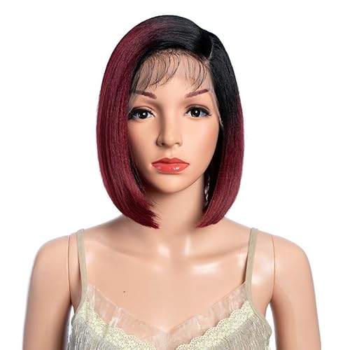 POQWECZ Bob-Perücke mit Spitzenfront. Wunderschöne synthetische Perücke, natürliche, glatte Kurzperücke for Frauen mit hitzebeständigen Fasern (10 Zoll).(Burgundy gradient) von POQWECZ