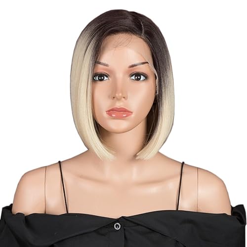 POQWECZ Bob-Perücke mit Spitzenfront. Wunderschöne synthetische Perücke, natürliche, glatte Kurzperücke for Frauen mit hitzebeständigen Fasern (10 Zoll).(Grey gradient) von POQWECZ