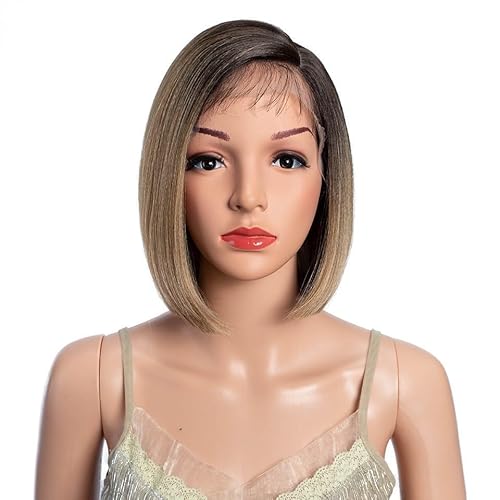POQWECZ Bob-Perücke mit Spitzenfront. Wunderschöne synthetische Perücke, natürliche, glatte Kurzperücke for Frauen mit hitzebeständigen Fasern (10 Zoll).(Light brown gradient) von POQWECZ
