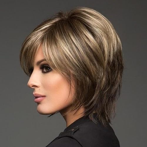 POQWECZ Kurze lockige Perücken for Frauen, gemischte braune Bob-Haarperücken mit Pony, natürlich aussehende synthetische Partyperücke for den Alltag mit kostenloser Perückenkappe(Slanting bangs) von POQWECZ