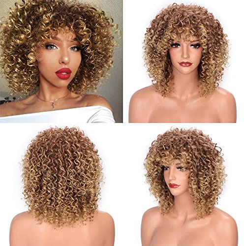 POQWECZ Lockige Perücken for Damen, schwarzer Pony, synthetische Ombre-Perücken, hitzebeständig, Schulterpartie(Black gradient gold) von POQWECZ