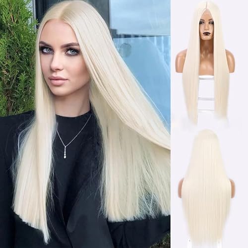 POQWECZ Mittellange, schwarze Perücke aus Kunstfaser mit Spitzenbesatz for Damen, hitzebeständig, 71 cm.(Cream) von POQWECZ