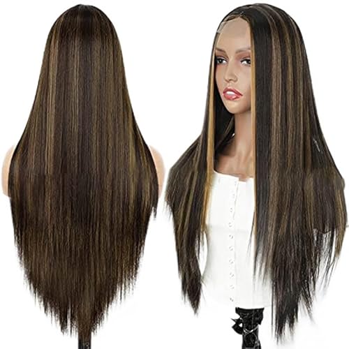 POQWECZ Mittellange, schwarze Perücke aus Kunstfaser mit Spitzenbesatz for Damen, hitzebeständig, 71 cm.(Gradient) von POQWECZ