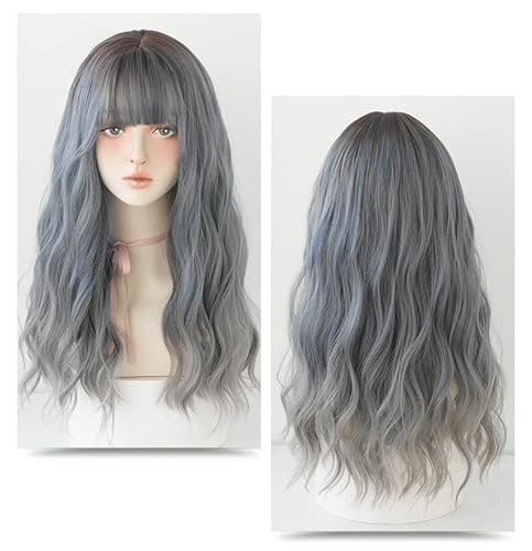 POQWECZ Natürliche lange gewellte Kunsthaarperücke for Damen mit Pony, hitzebeständige Perücke, Rollenspiele – 58,4 cm(Gradient Mist Blue Grey) von POQWECZ