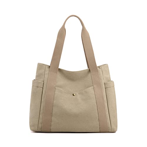 PORRASSO Canvas Schultertasche Einfache Handtasche Damen Tote Bag Mädchen Henkeltasche Strandtasche für Reisen Täglicher Gebrauch Khaki von PORRASSO