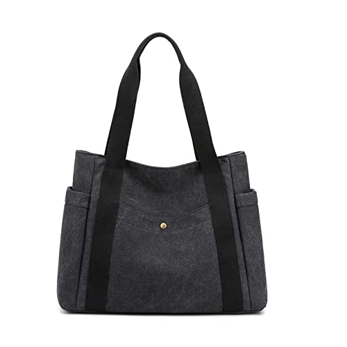 PORRASSO Canvas Schultertasche Einfache Handtasche Damen Tote Bag Mädchen Henkeltasche Strandtasche für Reisen Täglicher Gebrauch Schwarz von PORRASSO