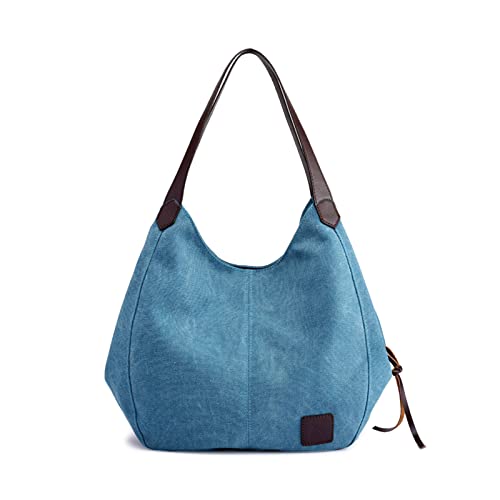 PORRASSO Damen Handtasche Canvas Hobo Schultertasche Mädchen Tote Bag Shopper Henkeltasche für Schule Reisen Arbeit Blau von PORRASSO