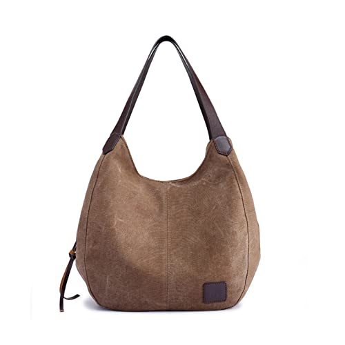 PORRASSO Damen Handtasche Canvas Hobo Schultertasche Mädchen Tote Bag Shopper Henkeltasche für Schule Reisen Arbeit Braun von PORRASSO