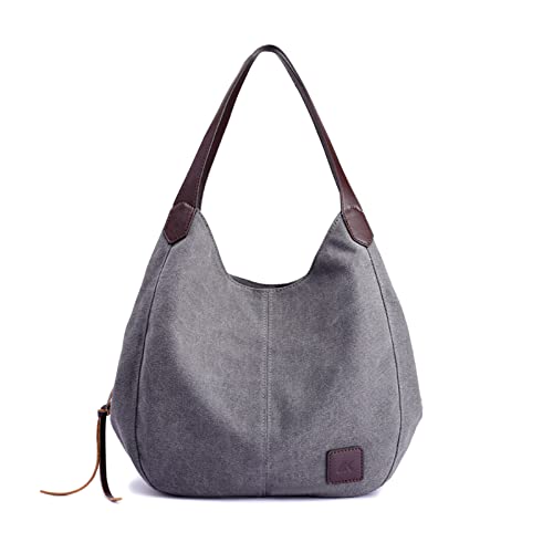 PORRASSO Damen Handtasche Canvas Hobo Schultertasche Mädchen Tote Bag Shopper Henkeltasche für Schule Reisen Arbeit Grau von PORRASSO