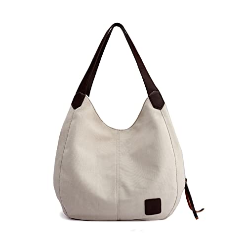 PORRASSO Damen Handtasche Canvas Hobo Schultertasche Mädchen Tote Bag Shopper Henkeltasche für Schule Reisen Arbeit Nicht-gerade Weiss von PORRASSO