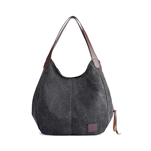 PORRASSO Damen Handtasche Canvas Hobo Schultertasche Mädchen Tote Bag Shopper Henkeltasche für Schule Reisen Arbeit Schwarz von PORRASSO