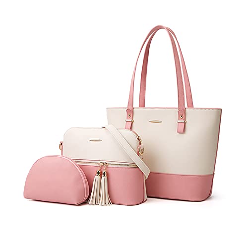 PORRASSO Damen Handtasche Mode Schultertasche Henkeltaschen Frauen Groß Umhängetasche 3-teiliges Set PU Leder Shopper für Schule Arbeit Reisen Rosa von PORRASSO