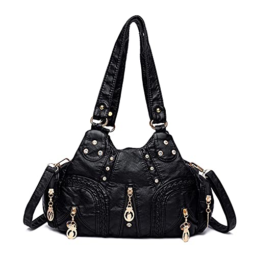 PORRASSO Damen Handtasche Mode Schultertasche Hobo Tasche Weiches PU Leder Umhängetaschen Frauen Henkeltaschen für Büro Schule Einkauf Schwarz von PORRASSO