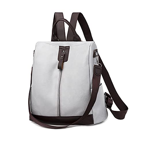 PORRASSO Damen Rucksack Anti Diebstahl Schultertasche mit Kopfhörerloch Frauen Daypack wasserdichte PU Leder Umhängetasche Schule Arbeit Reise Rucksäcke Hellgrau von PORRASSO