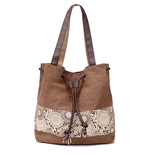 PORRASSO Damen Schultertasche Canvas Tote Umhängentasche Retro Kordelzug Beuteltasche Frauen Shopper Tasche Handtasche für Arbeit Schule Reise Täglicher Gebrauch Braun von PORRASSO