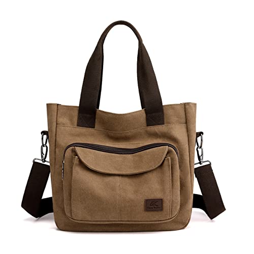 PORRASSO Damen Umhängetasche Canvas Schultertasche Handtasche Hobotasche Tote Mädchen Crossbody Bag für Shopping Reisen Arbeit Täglicher Gebrauch Braun von PORRASSO