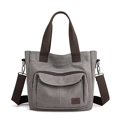 PORRASSO Damen Umhängetasche Canvas Schultertasche Handtasche Hobotasche Tote Mädchen Crossbody Bag für Shopping Reisen Arbeit Täglicher Gebrauch Grau von PORRASSO