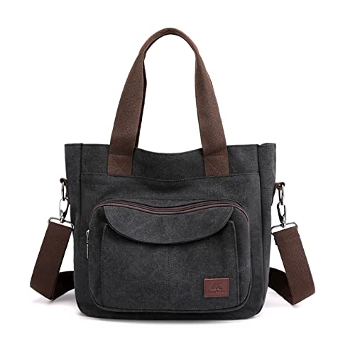 PORRASSO Damen Umhängetasche Canvas Schultertasche Handtasche Hobotasche Tote Mädchen Crossbody Bag für Shopping Reisen Arbeit Täglicher Gebrauch Schwarz von PORRASSO