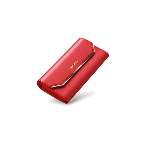 PORRASSO Geldbeutel Damen Leder Geldbörse RFID Schutz Large Portemonnaie Minimalistisch Lange Brieftasche Rot von PORRASSO
