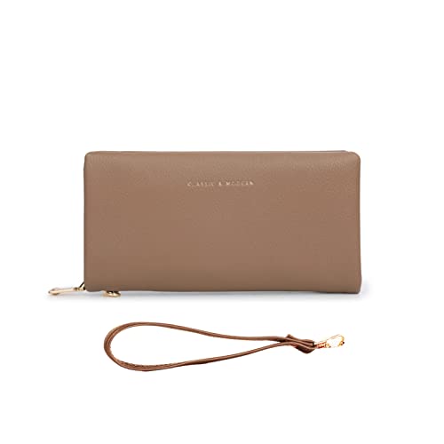 PORRASSO Geldbörse Damen Clutch Bag Leder Geldbeutel Wristlet Bag mit Viele Fächer Münztasche und Handschlaufe Handtasche für Party Hochzeit Reisen Braun von PORRASSO