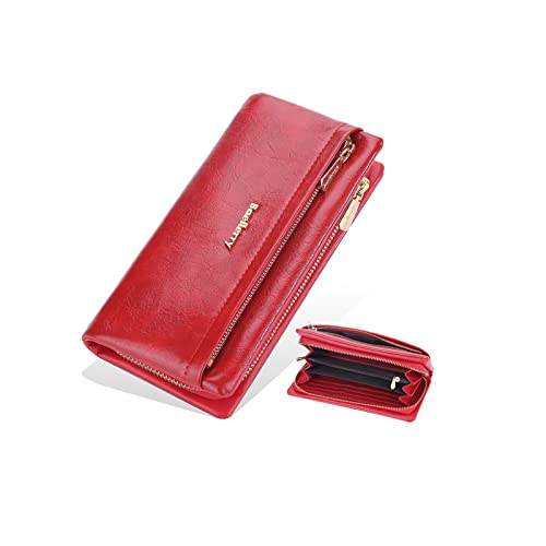 PORRASSO Geldbörse Damen Große Kapazität Geldbeutel PU Kreditkartenetui Lange Portemonnaie Frauen Brieftasche Rot von PORRASSO