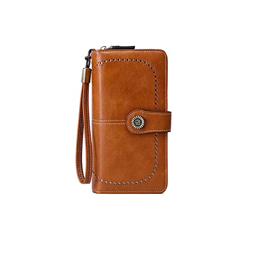 PORRASSO Geldbörse Damen RFID Schutz Portemonnaie Leder Geldbeutel Kreditkartenetui mit Viele Fächer Münztasche und Handschlaufe Braun von PORRASSO
