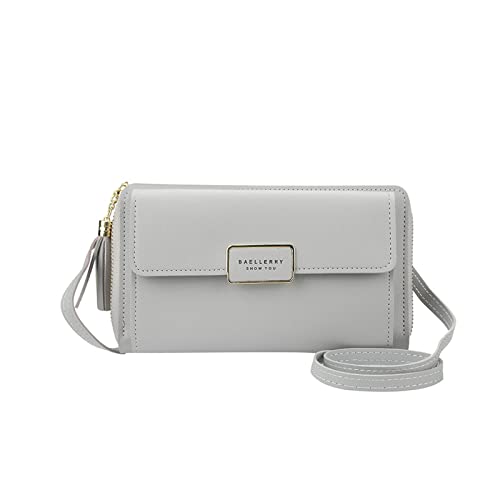 PORRASSO Geldbörse Damen Umhängetasche Handy Mode Portemonnaie PU Geldbeutel Schultertasche für Party Hochzeit Reisen Hellgrau von PORRASSO