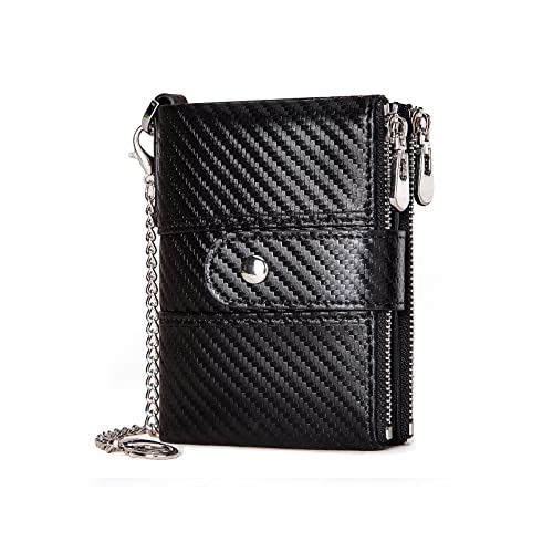 PORRASSO Leder Geldbörse RFID Schutz Damen Geldbeutel Kreditkartenetui mit Kette Multifunktional Portemonnaie Doppelte Herren Geldbörse Kohlefaser von PORRASSO