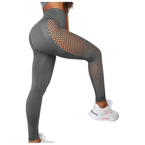 PORRASSO Leggings Damen High Waist Leggins Aushöhlen Weiche Sporthose Blickdicht Lang Laufhose mit Bauchkontrolle Po-Lift Slim Elastische Yogahose Dunkelgrau von PORRASSO