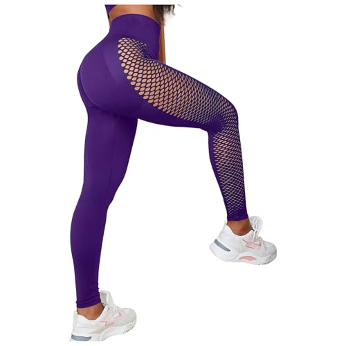PORRASSO Leggings Damen High Waist Leggins Aushöhlen Weiche Sporthose Blickdicht Lang Laufhose mit Bauchkontrolle Po-Lift Slim Elastische Yogahose Lila von PORRASSO